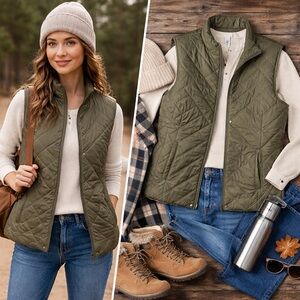 JH Collectibles Quilted Puffer Vest Olive Green Zip Front Size Large